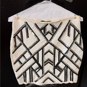 Express White Mini Skirt with Black Sequin Geometric Pattern